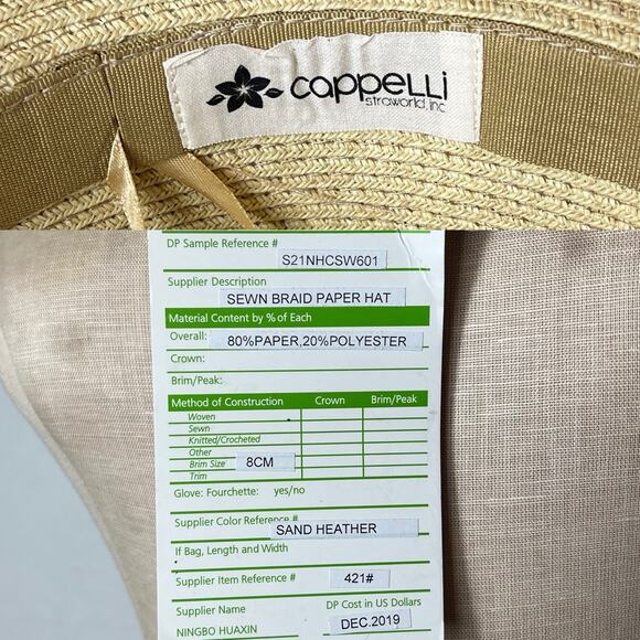 Cappelli Straw Sun Hat new Sewn Braid paper hat, 22-1/2" circumference, NWT. - Picture 8 of 8